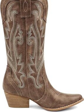 Women's Brown Synthetic Pointy Toe Boots Embroidered Cowgirl Boots Chunky Heels